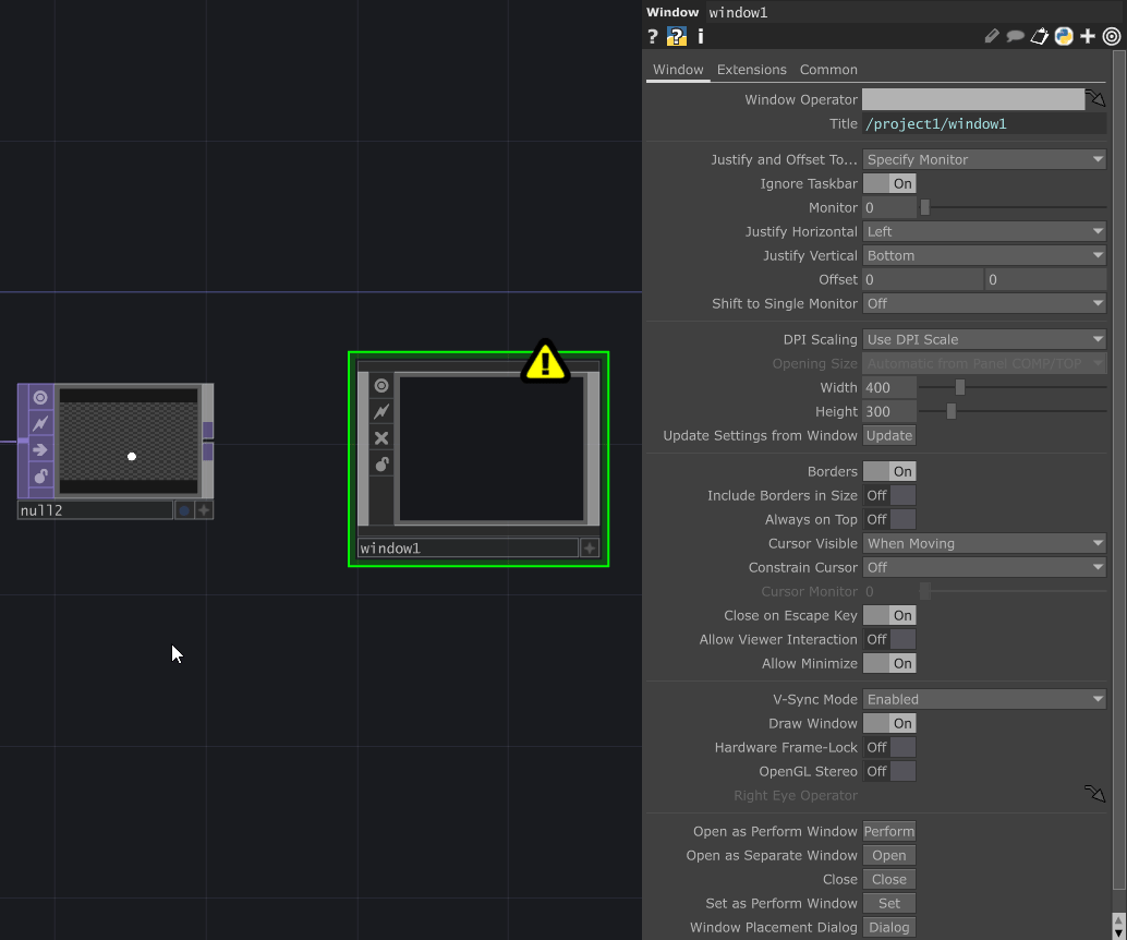 TouchDesigner 拖曳 Null Top 至 Window COMP 的 Window Operator 並點擊 Open as Perform Window