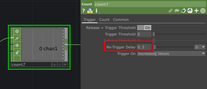 TouchDesigner 麥克風輸入模板 Count 產生脈衝訊號參數設定 Trigger