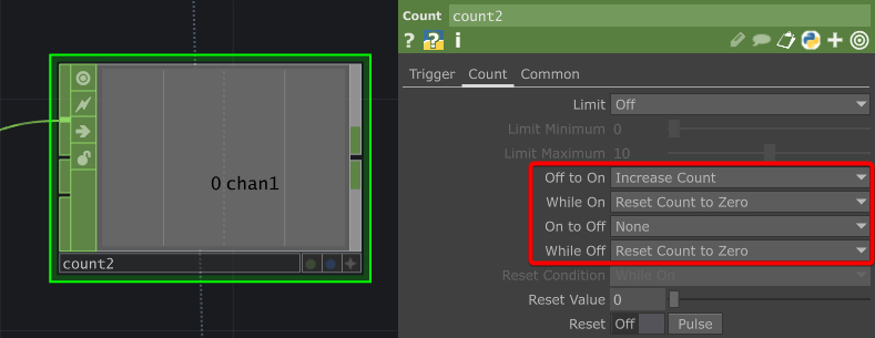 TouchDesigner 麥克風輸入模板 Count 產生脈衝訊號參數設定 Count